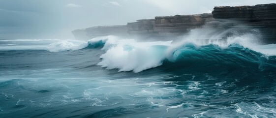 Powerful ocean waves crashing against rugged cliffs under a gloomy sky, capturing the raw beauty and strength of nature.