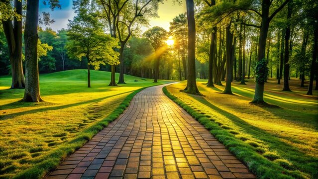 Vibrant yellow brick road winds through lush green landscape, iconic ruby red slippers and tiny dog footprints leading the way forward.