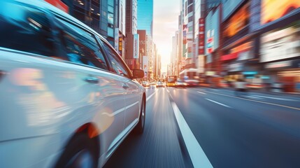 Naklejka premium A car driving through a bustling city center highlighting its fuel efficiency and maneuverability in urban environments
