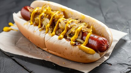 New York-style hotdog with sauerkraut, relish, and yellow mustard, detailed toppings, celebrating National Hotdog Day, iconic street food scene