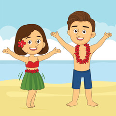 Hawaiian girl in grass skirt dancing and Man