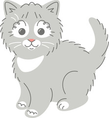 Cute smiling grey kitten. Doodle hand drawn character. Adorable baby pet animal in linear cartoon style illustration