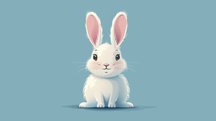Obraz premium Adorable cartoon white bunny with pink ears, sitting against a blue background, perfect for children’s content.
