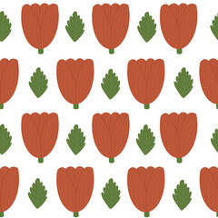 Fototapeta premium Geometric red tulips and leaves seamless pattern. Hand drawn simple flower heads isolated on white background. Floral endless background 