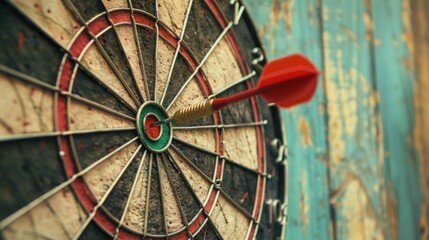 Red dart hitting the bullseye on an old dartboard with a vintage wooden background, capturing focus, precision, and goal achievement.