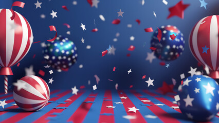 Fototapeta premium 3D Design of American Independence Day Celebration with Stars and Stripes Balloons and Confetti