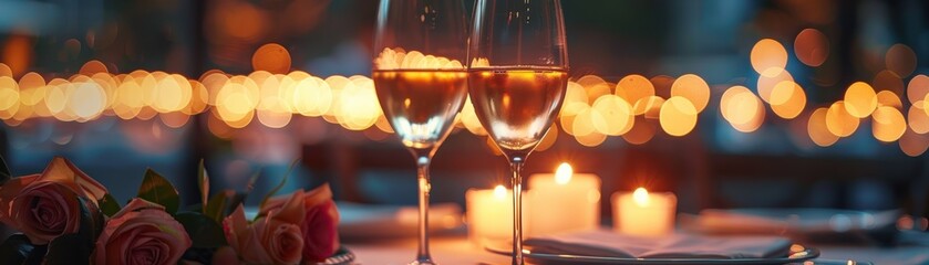 Romantic evening with two glasses of wine, candles, and roses on a bokeh-lit table. Perfect setting for a celebration or date.
