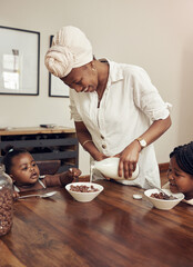 Breakfast cereal, milk and family in dining room for eating, giving fiber meal or enjoy food together in morning. Relax, mother and black children for serving, hungry or growth development in home