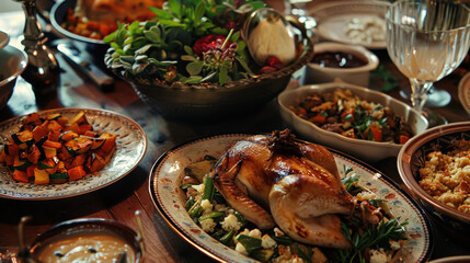 Festive dinner table with roasted chicken, vegetables, salads, and various side dishes