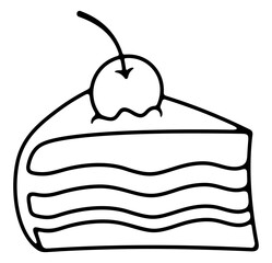 Piece of cake with cherries. Food, meal, confectionery, pastry and bakery, illustration