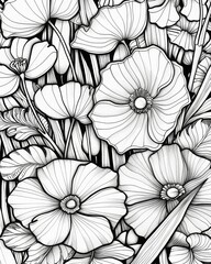 many flowers on a meadow used for coloring book on the white background, sketch or clip art in black and white