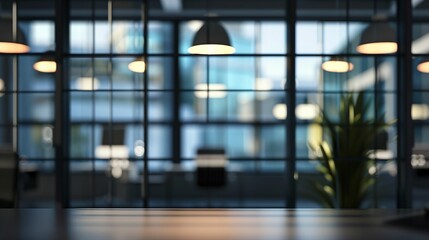 Wooden Tabletop in Modern Office With Large Window and Evening Lights