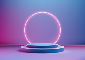3D Blue Podium with Pink Neon Circle, Futuristic Technology Concept for Product Display and Mockup