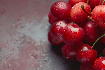 Macro shot of dark red cherries with droplets of water covering their glossy surfaces.