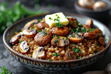 Fototapeta premium A bowl of buckwheat kasha with roasted mushrooms, garnished with fresh parsley and a pat of butter. 