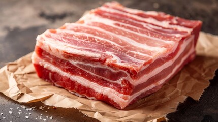 Fototapeta premium Close-up of raw pork belly with back fat pork, detailed marbling, ready for culinary preparation, rustic background, fresh and inviting