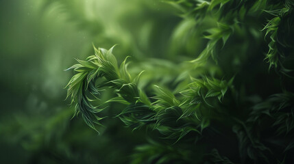 Abstract green tendrils reach outwards, enveloping the canvas in a lush and vibrant embrace.