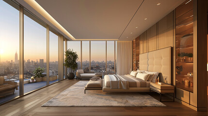 A luxury bedroom with city view