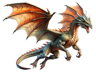 a dragon in flight, with detailed scales and wings, set against a dramatic sky. Generative AI.
