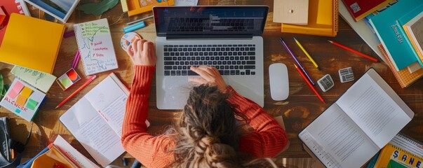 Engaged Student in Online Tutoring Session with Laptop Surrounded by Study Aids and Materials