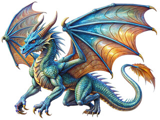 a dragon in flight, with detailed scales and wings, set against a dramatic sky. Generative AI.
