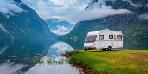 A caravan stands on the grass near a lake in the mountains, with cloudy weather building in the background. Family vacation and adventure holiday concept. 