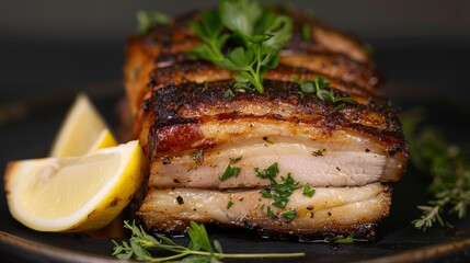 Crispy-skinned roast pork belly, tender and juicy, beautifully plated, ready to serve with a garnish of fresh herbs and lemon wedges, mouthwatering and delightful