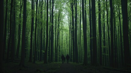 Fototapeta premium Serene forest scene with three silhouettes walking along a path, surrounded by towering, lush green trees on a misty day.