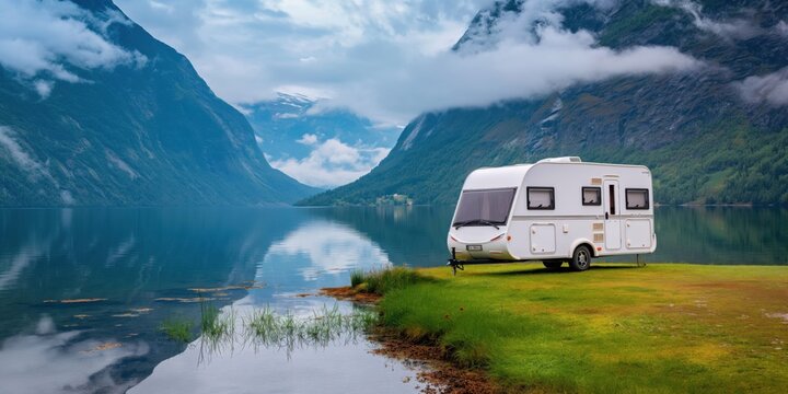 A caravan stands on the grass near a lake in the mountains, with cloudy weather building in the background. Family vacation and adventure holiday concept. 