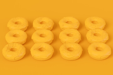 Isometric view of glazed donut with sprinkles on plain monochrome yellow color