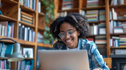 Virtual Tutoring Session: Teacher and Student Smiling on Laptop Video Call Surrounded by Educational Tools