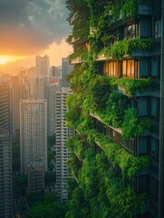 Futuristic cityscape with green rooftop gardens