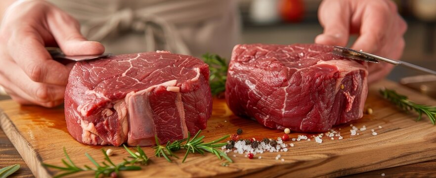 Detailed top sirloin and cap rump steak on wooden board, chef's hands prepping meat, marbling visible, cozy kitchen atmosphere