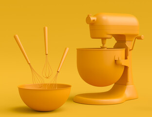 Mixer and cookie cutters with kitchen utensil for making cookies on monochrome