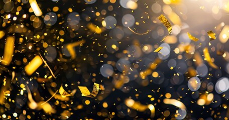Falling confetti on blue background, abstract background with dark blue and gold particle. Golden light shine particles Bokeh on black background, celebration concept
