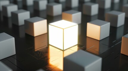 Obraz premium A glowing cube in a grid of gray cubes