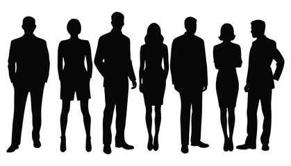 Vector silhouettes of men and a women, a group of standing and walking business people, black color isolated on white background