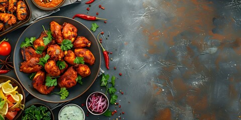 Savor the Flavors of an Indian Feast with Chicken Tikka Masala, Tandoori Chicken, and Appetizers. Concept Indian Cuisine, Chicken Dishes, Flavorful Feast, Tandoori Cooking, Appetizer Selection