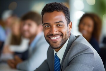 Man in office smiling towards camera