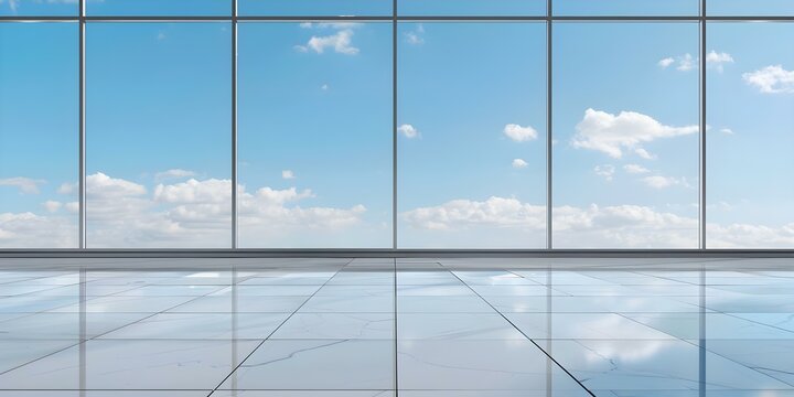 Empty showroom floor with blue sky background for car display. Concept Car Showroom, Empty Space, Blue Sky, Vehicle Display, Interior Design