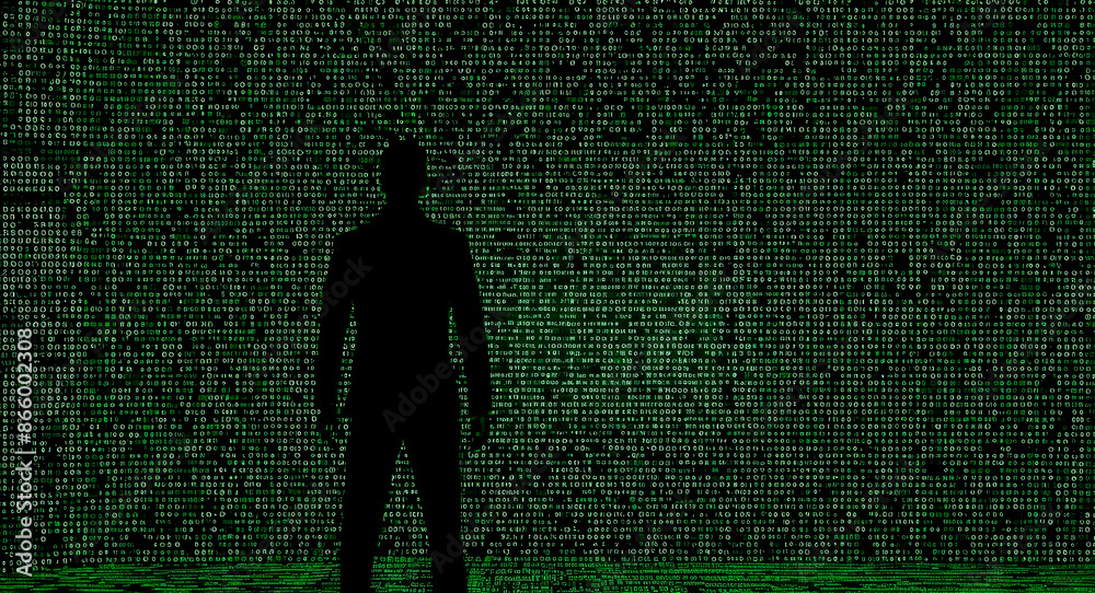 Poster silhouette of person standing amidst glowing green digital data streams. represents technology, cybe