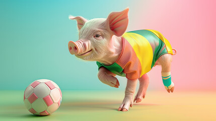 Piglet in a Football Jersey Running Towards a Soccer Ball