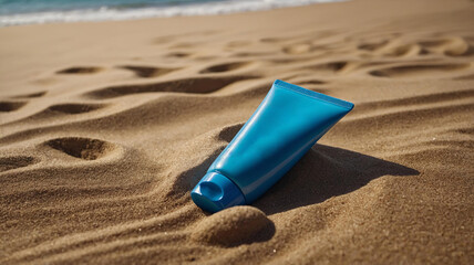 Blue tube of sunscreen is lying on sandy beach, with ocean in background. Body skincare routine products