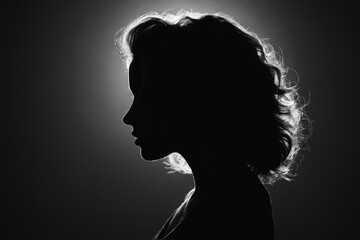 Profile silhouette of young woman, elegant side view outline with visible wavy hair strands against dark backdrop, mysterious feminine figure, minimalist black and white portrait photography