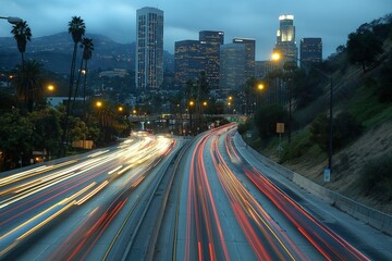 Obraz premium Bustling metropolis with traffic at twilight