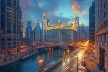 Obraz premium Bustling metropolis with traffic at twilight