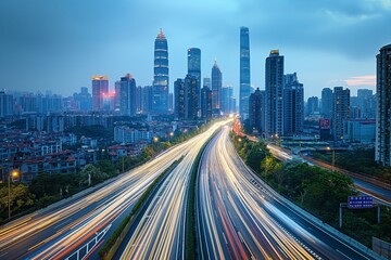 Fototapeta premium Bustling metropolis with traffic at twilight