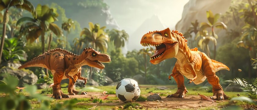 Create an animatedstyle scene of dinosaurs playing soccer in a prehistoric jungle