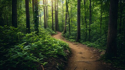 Obraz premium Scenic Forest Path with Lush Greenery and Tall Trees