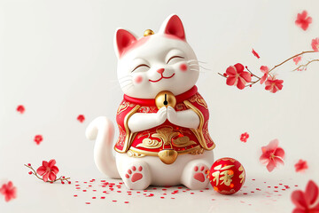 White Maneki Neko in red kimono with golden bell, cherry blossoms